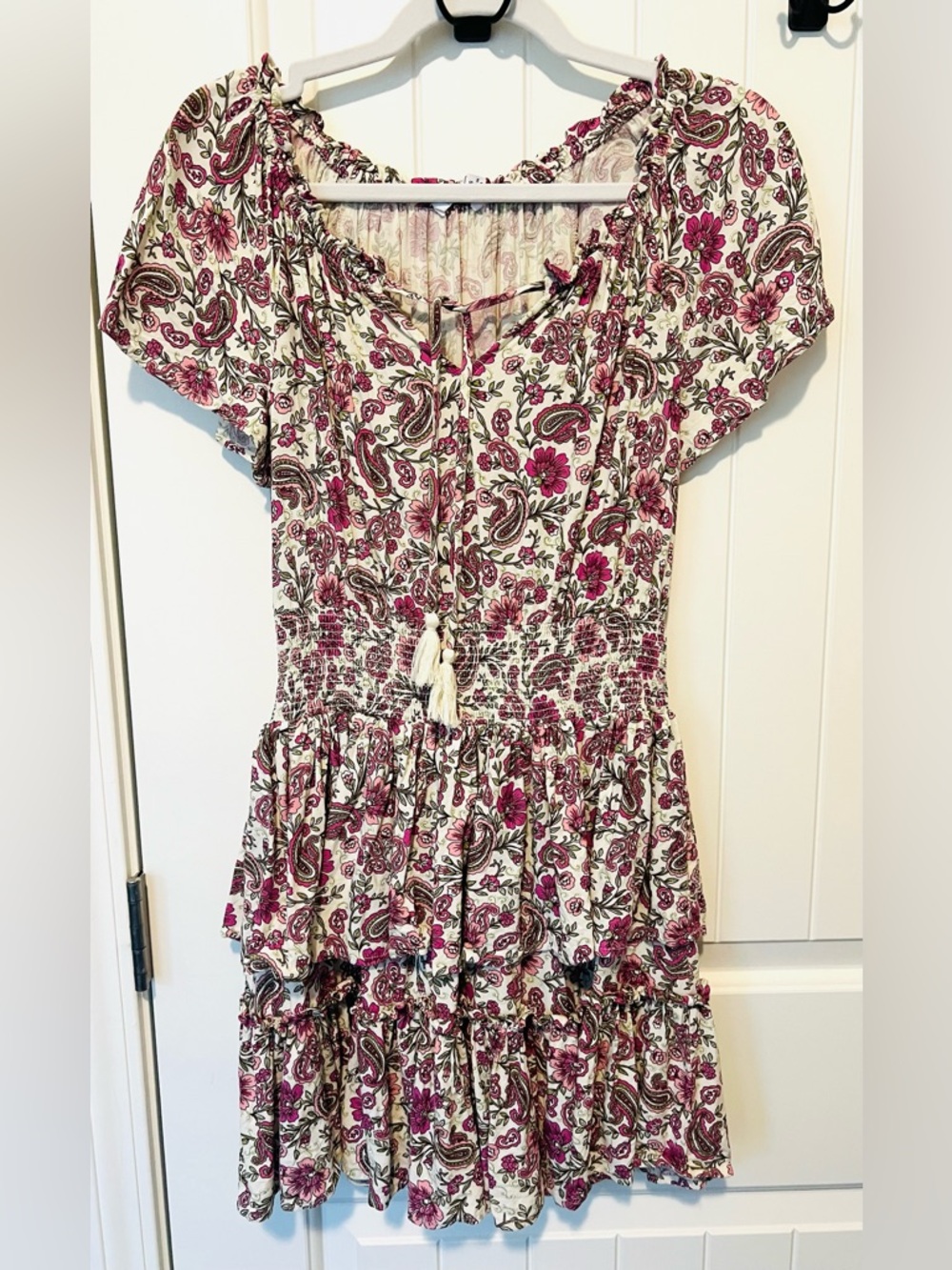 Floral Paisley Short-Sleeve Smocked Waist Dress - XS